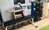 Exercise bench, weights, skipping rope and Viprs